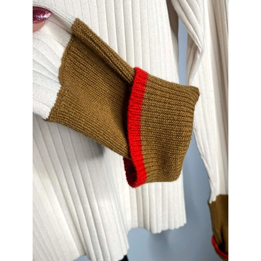 Beatrice .b Wool Blend Cream Brown Red ribbed Sweater Size 2 Made In Italy slits - Picture 4 of 7